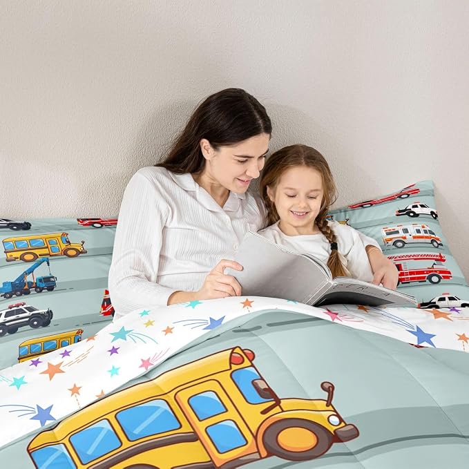 Erosebridal Fire Truck Comforter Set,Police Car Down Comforter King Size,School Bus Bedding Set for Kids Boys Teens Youth,Equipped Truck Cartoon Vehicle Quilt Duvet Insert Bedroom Dorm Decor 3 Pcs - Image 4
