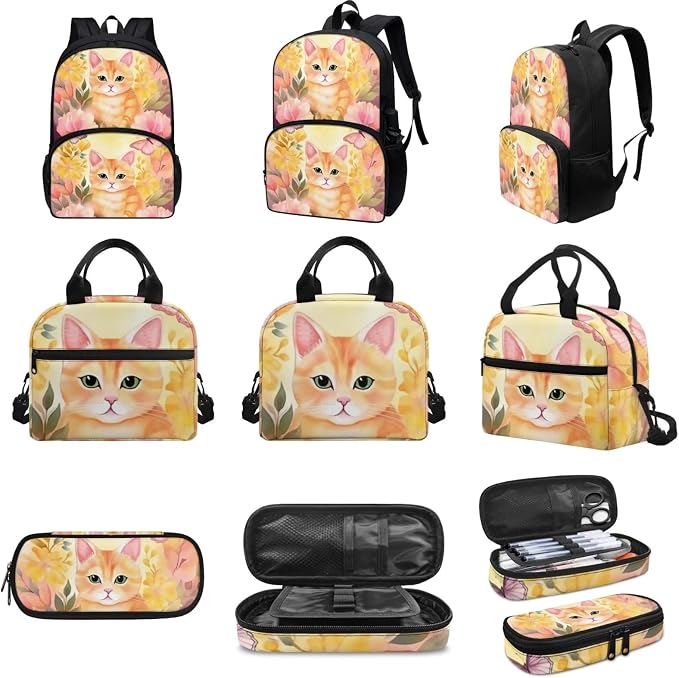 Floral Cat Print Backpack Set for Girls Kids Lightweight Cute School Backpack with Lunch Box Pencil Case Adjustable Strap Padded Book Bag Insulated Lunch Bag - Image 3
