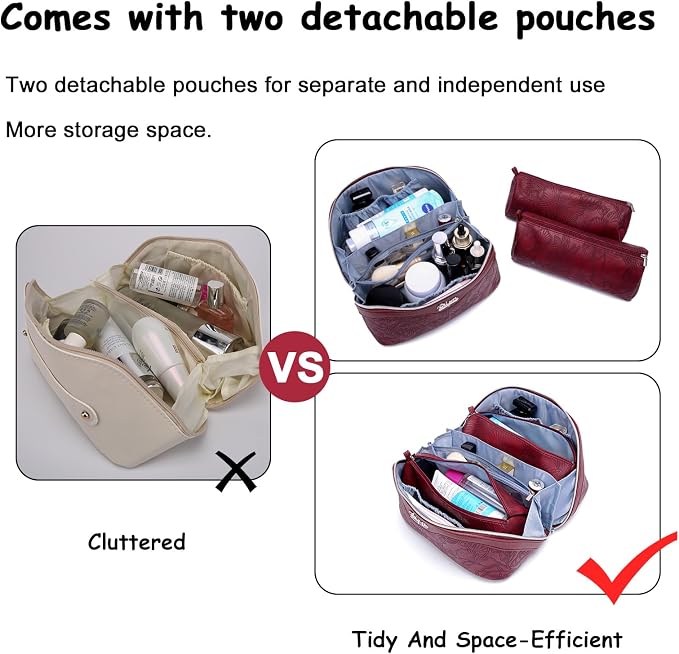 BOYATU Travel Makeup Bags Cosmetic Organizer Bag: 3-Set Large Capacity Make up Bag - PU Leather Toiletry Bags for Women - Wide Open Portable Pouch with Divider & Handle (02-Dark Red) - Image 2