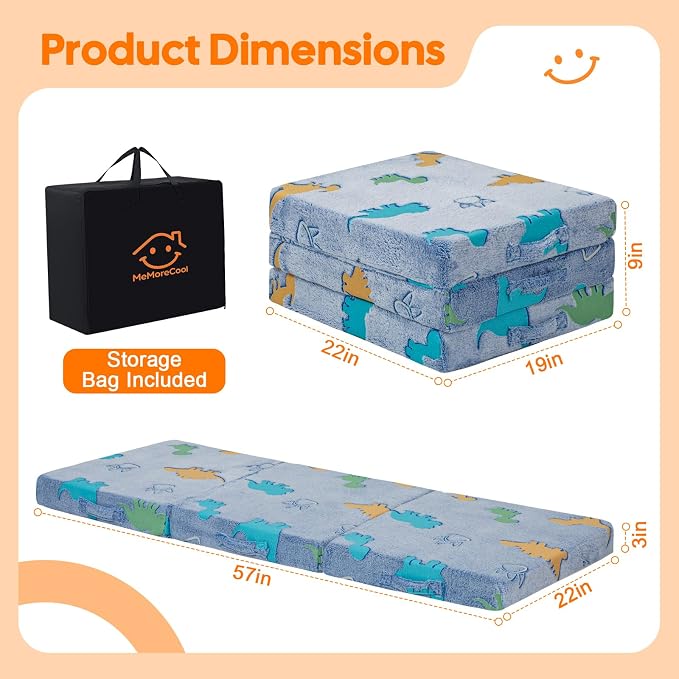 MeMoreCool Glow Dino Kids Foldable Floor Mattress Trifold, 57x22 Inch Blue | Glow dino trifold mattress for kids room, playroom, reading nook and travel - Image 3