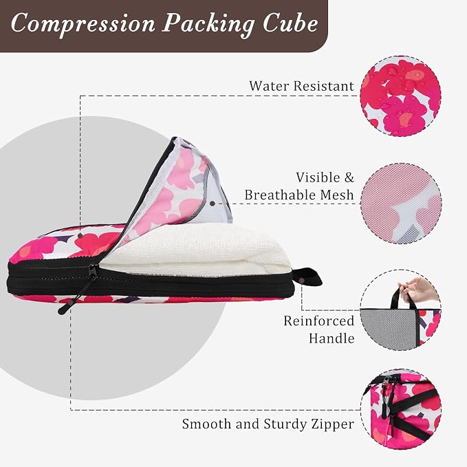 U+U 4 Set Compression Packing Cubes - Ultralight Travel Organizers, Space-Saving Suitcase Organizer, Expandable Packing Cubes for Travel, Business Trip and Family Vacation (Red Flower) - Image 2