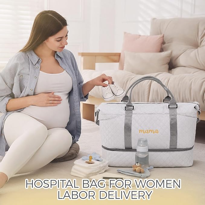 Dansydaisy Mama Hospital Bag for Women Labor Delivery Travel Duffle Bag with Shoe Compartment and Toiletry Pouch Waterproof Letter Embroidered for Pregnancy Weekender Overnight Gym Gift, Gray - Image 6