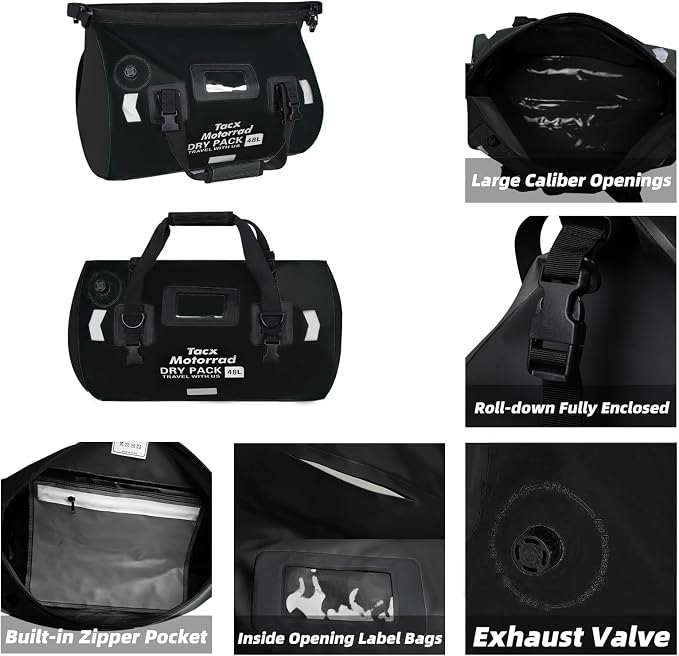 Waterproof Duffel Bag for Men/Women, Roll-top Dry Backpack Duffel Bag with Quick-fixed Straps, Motorcycle Tail Saddle Bag for Motorcycling, Rafting, Boating, Kayaking, Travel, 66L-Black - Image 5