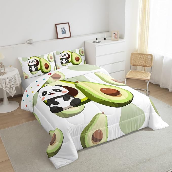 Erosebridal Panda Comforter Set King,Avocado Bedding Set Cute Black White Panda Bedding Bear Cat Bedding Comforter for Kids Boys Girls Green Tropical Fruit Quilt Duvet Set Room Decor 2 Pillow Cases - Image 3
