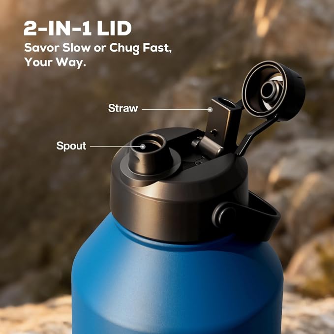 POWCAN 64 oz Insulated Water Bottle with 2-in-1 Straw Spout Lid, Leakproof, Carrier Bag, Shoulder Strap, Keep Cold 48H, Half Gallon Stainless Steel Water Jug for Men, Sports, Camping, Fitness (Indigo) - Image 3