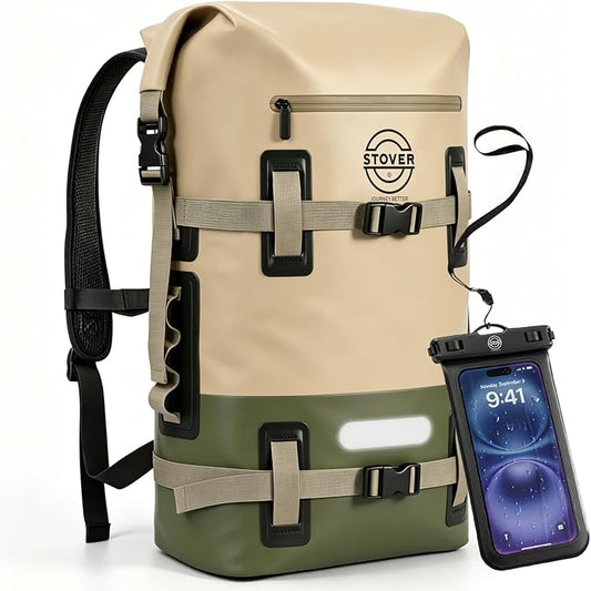 STOVER 40L Waterproof Dry Backpack & Phone Case - X-Large Floating Dry Bag for Kayaking, Travel, Hiking, Fishing, Camping, Motorcycles & Beach, Heavy-Duty Roll Top Men/Women (Tan/Army Green/Brown) by STOVER