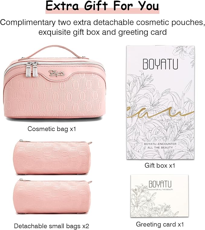 BOYATU Travel Makeup Bag for Women: Cosmetic Organizer Bag with Compartments - Leather Make up Bags Set of 3 (G-3-Pink) - Image 5
