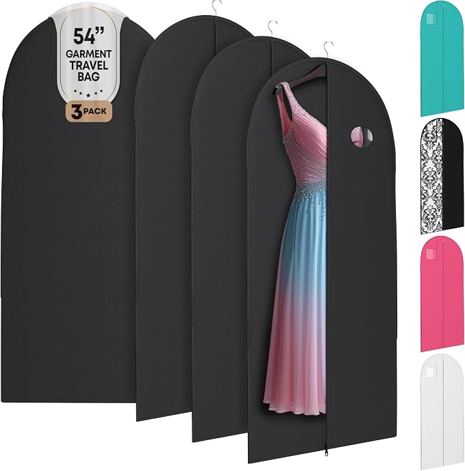 Luxury On the Go Black Suit Bag, Dress, and Travel Gown Garment Bags – 54" Hanging Garment Bag with Clear ID Window – Lightweight & Tear-Resistant – 3 Pack for Dresses, Prom, Evening Gown by YourBags