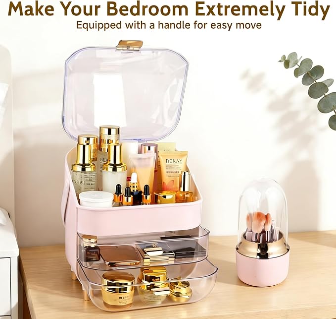 Makeup Organizer with 360 Rotating Brush Holder, Large Skincare Organizer for Vanity, Dustproof Cosmetic Display Case with 2 Drawers for Bathroom Countertop, 16" Tall Portable Beauty Storage,pink - Image 6