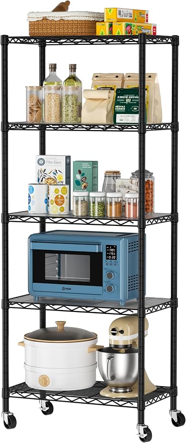 Golpart 5 Tier Shelves Storage Shelf Wire Closet Bathroom Organizers Metal Pantry Kitchen Garage Shelving Unit Laundry Room Organization Home Rack Net Basket Black with Wheels 14”D X 24”W X 61.2”H by Golpart