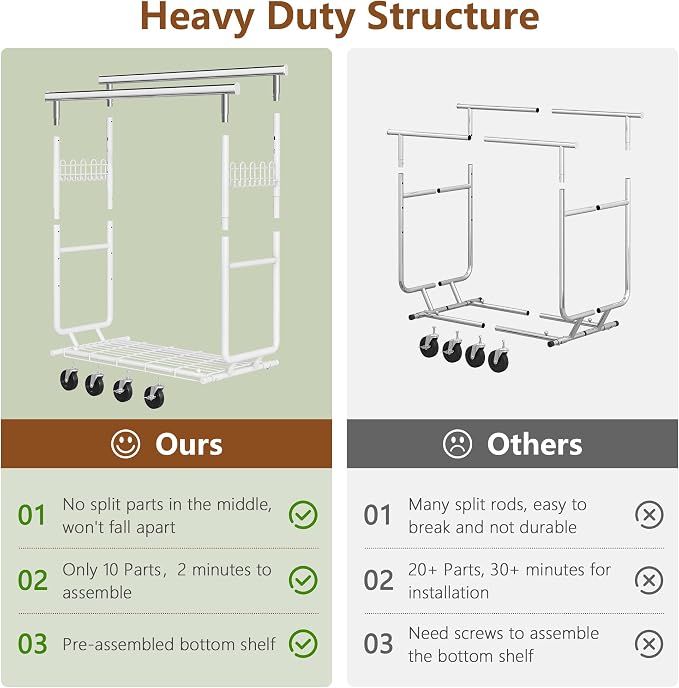 Hoctieon 2-Minute Assembly Double Rod Clothes Rack, Heavy Duty Rolling Clothing Racks with Wheels, Foldable Commercial Garment Rack, Extendable Hanging Bar, Adjustable Metal Pole with Hooks, White - Image 5