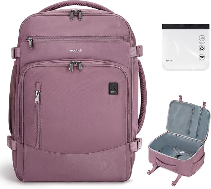 ECOHUB Travel Backpack for Women, 18x14x8 Frontier Airlines Personal Item Bag with Clear Toiletry Bag, Laptop Carry on Backpack with USB Port, Airline Approved Under Seat 14 Pockets 30L, Pink by ECOHUB
