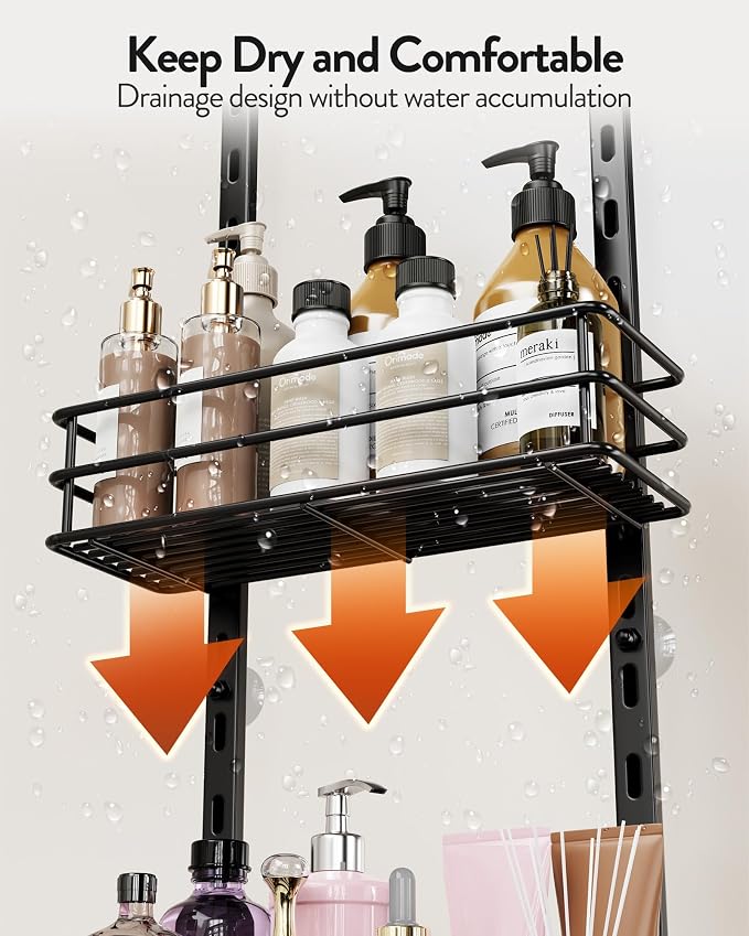 Orimade Over the Door Shower Caddy Adjustable 5 Tier Black,Bathroom Hanging Organizer Shelf Rustproof with 4 Hooks,Shower Basket with Soap Holder and Suction Cup - Image 8