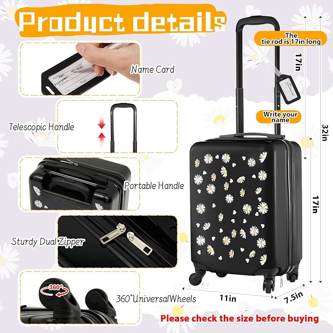 Redbaker 6 Pcs Luggage Set, 17 Inch Rolling Suitcase with Backpack, Lunch Bag and Neck Pillow, Black Daisy Travel Set for Summer Vacation, Weekend Trips and Sleepovers - Image 2