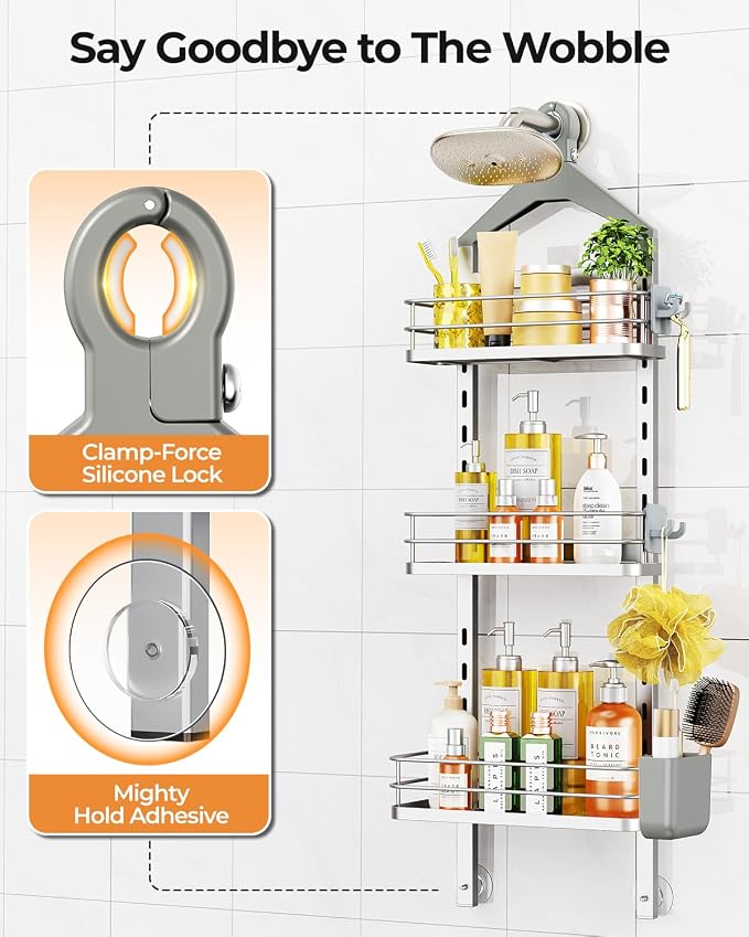 ODesign 3 Tier Adjustable Shower Organizer Hanging Over Head Silver | Shower organizer hanging,no drilling required,comes with removable hook and storage box, suitable for indoor showers - Image 5