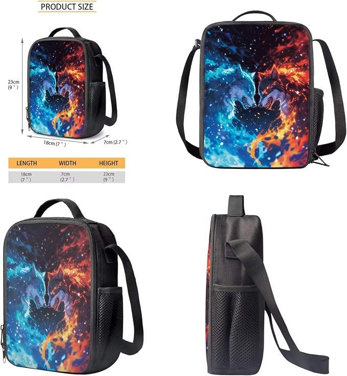 Fire and Ice Wolf Print Kids School Bookbag Set, Boys Girls Back to School Large Backpack Set, 3 Pcs Lightweight Schoolbag Set with Lunch Bag and Pen Bag, Red Blue - Image 6