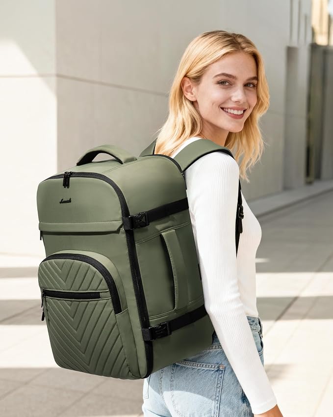 LOVEVOOK 40L Travel Backpack for Women Men, TSA Personal Item Travel Bag Fits 17.3inch Laptop, Waterproof Airline Approved Carry On Luggage With 2 Cubes for Weekender Hiking Business, Army Green - Image 2