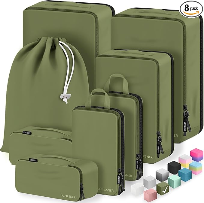 8 Set Compression Packing Cubes for Travel, Waterproof Luggage Organizers, Suitcase Organizer Set for Carry-On & Checked Baggage, Travel Accessories for Men & Women