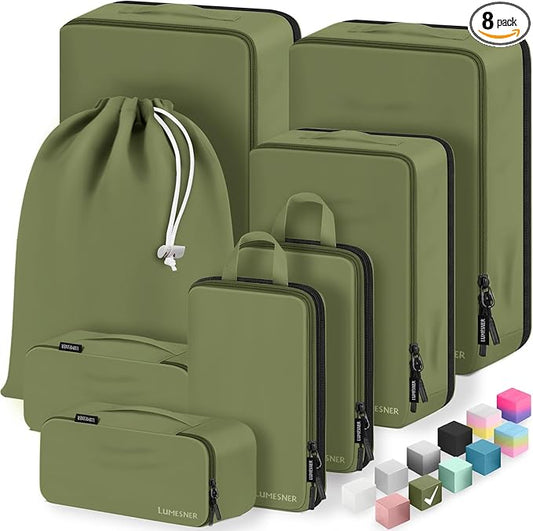 8 Set Compression Packing Cubes for Travel, Waterproof Luggage Organizers, Suitcase Organizer Set for Carry-On & Checked Baggage, Travel Accessories for Men & Women