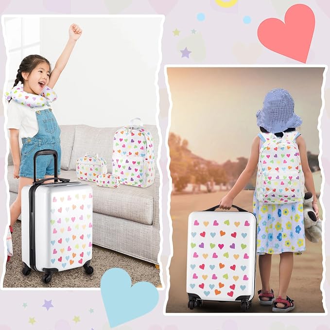 Redbaker 6 Pcs Kids Luggage Set, 17 Inch Rolling Suitcase with Backpack Lunch Bag Neck Pillow, White Love Travel Set for Summer Vacation Sleepover Back to School Gift - Image 8