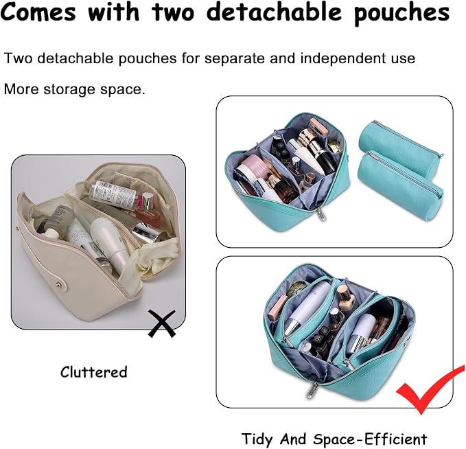 BOYATU Checkered Travel Makeup Bags: Vacation-Ready Light Blue Large Capacity Cosmetic Bag for Women - 3 Pcs Set Toiletry Organizer with Waterproof Leather - Easy to Clean Beach Trip Essential - Image 2