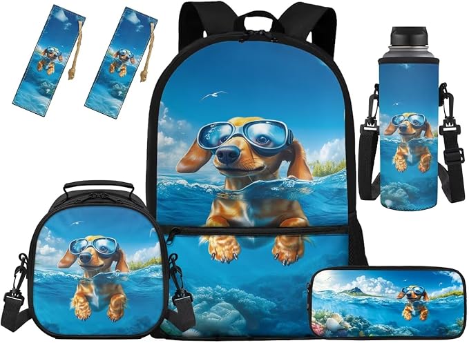 3D Dachshund Backpack for Boys Elementary School Backpack with Lunch Box Pencil Case Water Bottle Cover Bookmark Toddler School Bag Set 5 in 1 Back to School by Unknown