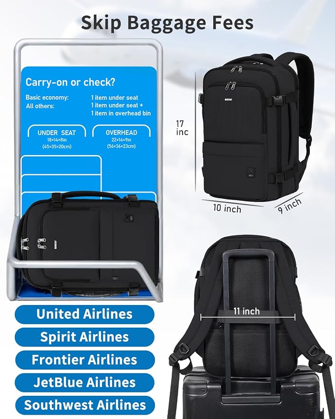 WANDF Travel Backpack For Spirit Airlines Personal Item Bag 18x14x8 with Wet Pocket, 17 Inch Laptop Backpack for Men Women | Frontier Airline Underseat Fit, Fits 17" Laptop, 180°Opening, Travel Backpack - Image 3