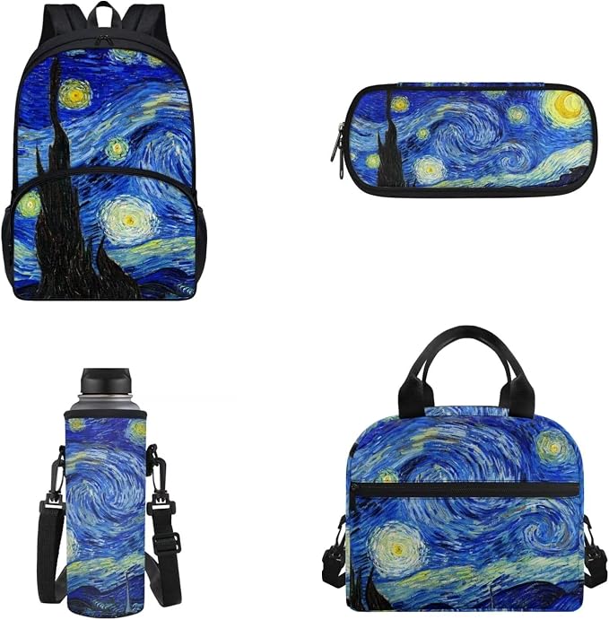 POLERO Starry Night Schoolbag Students Backpack Van Gogh Art Lunch Tote Bag Water Bottle Sling Bag Aesthetic Pencil Case Teacher by WelcometoPOLERO