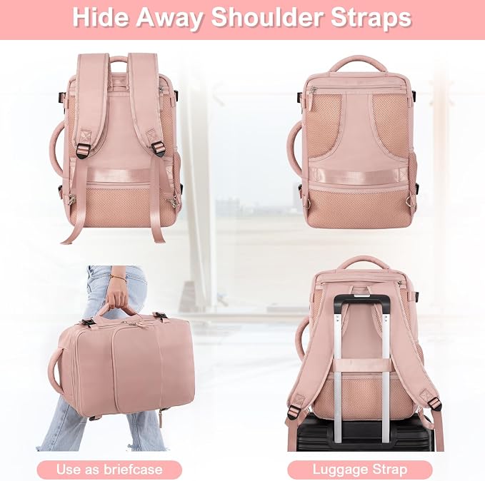 Sinaliy Travel Backpack, Carry on Flight approved Travel Bag with Multi-Pockets, Waterproof 17.3inch Laptop Backpack for Men Women, Pink | Waterproof 17.3 Inch Laptop Backpack with Multi-Pockets, Personal Item Travel Bag for Women Work, College, Busine... - Image 9