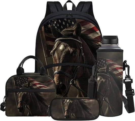 Brown Horse Pattern 4th of July Backpack for Boys School Bags Set with Insulated Lunch Bag Cooler Water Bottle Sleeve Pencil Pen Case 4 Pieces for Teenage Student by Glomenade