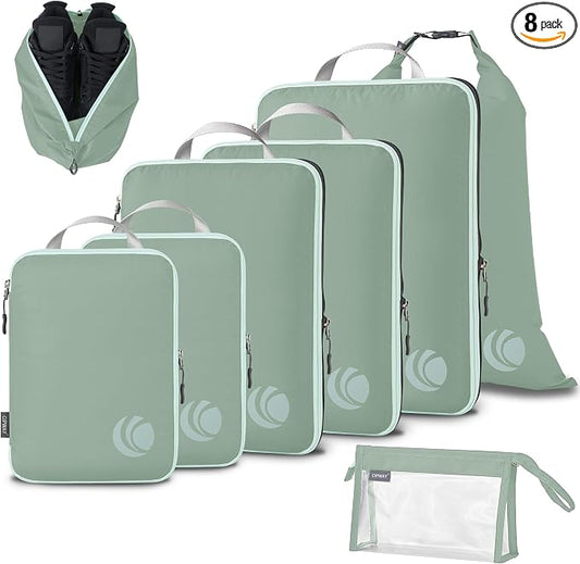 Cipway Compression Packing Cubes, Lightweight Travel Luggage Organizers with Shoe, Toiletry & Laundry Bags, Travel Essentials for Carry-on Suitcase (8 Piece, Sage Green) by Cipway