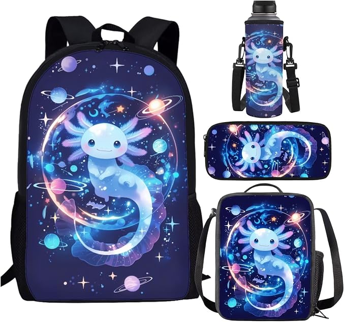 Galaxy Backpack with Lunch Box for Girls 4-6/6-8 Axolotl Bookbag and Lunch Bag Set 4 in 1 Space Elementary School Back Pack Lunchbox Pencil Case Water Bottle Holder Kids Book Bags Preschool by SCRAWLGODDreamWardrobe