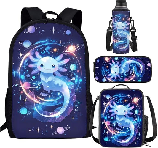 Galaxy Backpack with Lunch Box for Girls 4-6/6-8 Axolotl Bookbag and Lunch Bag Set 4 in 1 Space Elementary School Back Pack Lunchbox Pencil Case Water Bottle Holder Kids Book Bags Preschool by SCRAWLGODDreamWardrobe