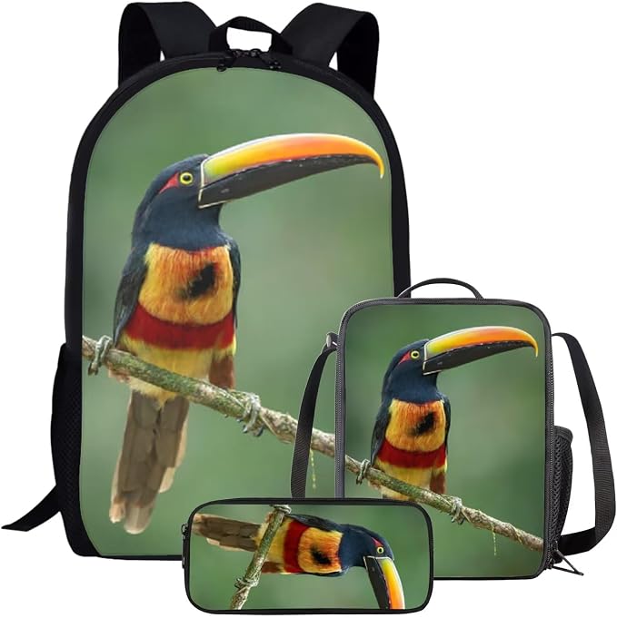 Girls Boys School Backpack with Lunch Box Pencil Case Comfy Padded Lightweight Bird Aracari Backpack Set Kids Cute Bookbag Insulated Lunch Bag Student Large Capacity Daypack 17 Inch by Parprinty