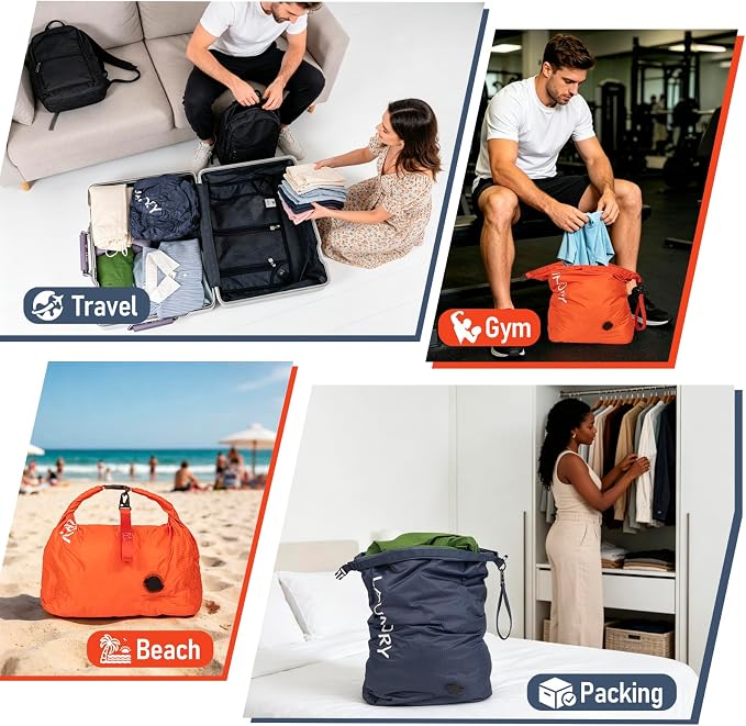 WiseBoy Compression Laundry Bag 2 Pack, Pump-Free Travel Laundry Bag for Dirty Clothes, Waterproof Wet Dry Bag, Space Saving Packing Organizer for Suitcase, Gym & Swim (Navy Blue & Orange) - Image 6