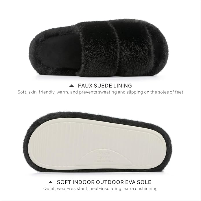 Chantomoo Women's Memory Foam Fuzzy Comfy Faux Fur House Shoes - Furry Bedroom Indoor Open Toe Slippers with Two Bands - Trendy Gift Slippers