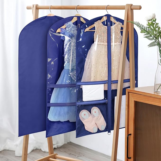 Univivi Kids Garment Bags for Dance Costumes 40 Inch Hanging Dance Costume Bag for Dance Competitions, with 3 Medium Clear Zipper Pockets for Dance Costumes, Closet Storage (Navy Blue), 1 Pack - Image 5