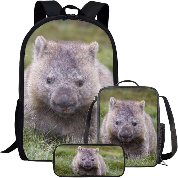 Kids Novelty Animal Backpack and Lunch Box for Boys Girls Student Lightweight 17 Inch School Wombat Backpack with Lunch Bag Pencil Case Kids Comfy Padded Black Large Bookbag by Parprinty