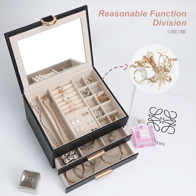 Large Jewelry Organizer Box with Mirror - Features Ring Rolls, Necklace Hooks, Earring Slots, Plush Interior for Luxury Protection Black - Image 5