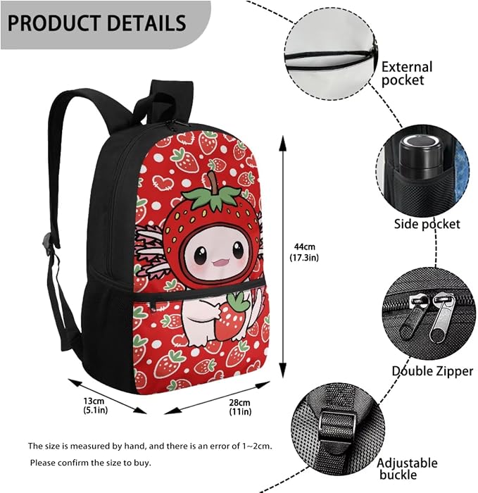 Strawberry Axolotl Backpack for Kids Girls 6-12, Cute School Bag and Lunch Box, 4 Piece Set, 17 Inch Lightweight Back to School Supplies, Reduce the Stress by 40% - Image 3