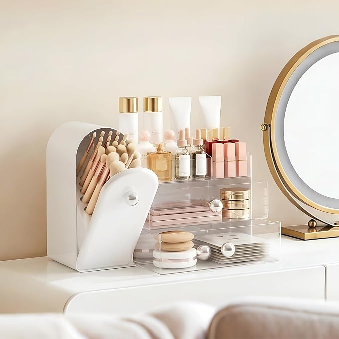 lurcns Makeup Organizer with Dustproof Brush Holder for Vanity, Large Cosmetics Organizer and Bathroom Countertop Skincare Storage with 2 Clear Drawers for Lipstick, Perfume, Eyeshadow Palettes,White - Image 3