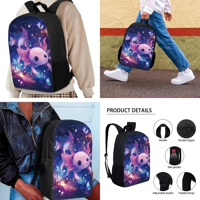 Mumeson Casual Backpack Kids Bookbags Shoulder Bag Set,Axolotl Print Casual Daily Daypack 3 in 1 Backpack Insulated Thermal Lunch Bag Tote Bag Pencil Stationery Storage Pouch Pencase - Image 4