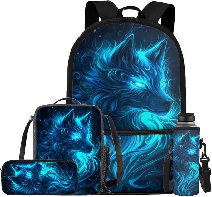 Galaxy Wolf Backpack for Girls Boys Backpack with Lunch Box Water Bottle Carrier with Strap and Big Pencil Case 4PCS Bookbag with Front Pocket for School 17 inch Sturdy School Bag for Kids by ELEDIZI