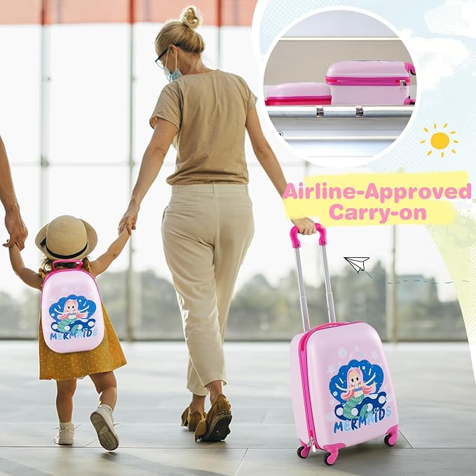 HONEY JOY Kids Luggage, 12" Toddler Backpack & 16" Travel Suitcase with Wheels, Lightweight Toddler Girls Suitcase, Durable ABS Hardshell, 2Pcs Carry On Luggage Set for Boys Girls(Mermaid) - Image 2