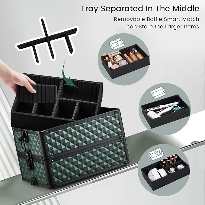 Stagiant Rolling Makeup Train Case Cosmetology Case on Wheels 4 in 1 Cosmetic Box Makeup Travel Case with Key Swivel Wheels Nail Artist Salon Barber StorageTraveling Cart Trunk Dark Green - Image 6