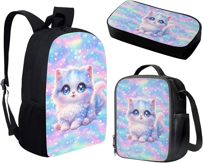 Forchrinse Cartoon Cat School Backpack for Girls 10-12 with Lunch Box Pencil Case Kids Bookbag Lunchbox Elementary Student Book Bag for Girls 8-10/6-8 - Image 2