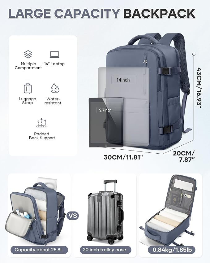WONHOX Travel Backpack Women, Carry On Backpack for Men, Hiking Laptop Backpack Waterproof Outdoor Sports Rucksack Casual Daypack, Grey Blue - Image 4