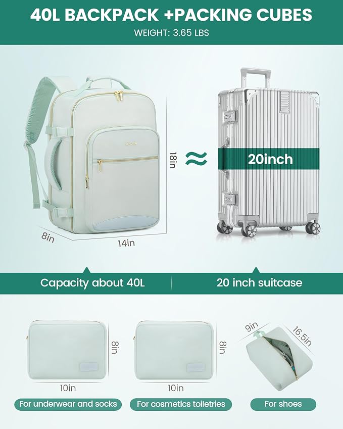 LOVEVOOK 40L Travel Backpack Flight Approved Carry on Backpack,3 Packing Cubes,Waterproof Personal Item Travel Bag,TSA Carry on Luggage Suitcase Travel Essentials,Gifts for Women & Men,fits 17" Laptop - Image 5