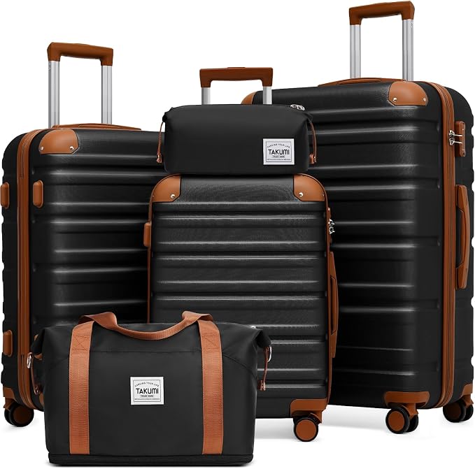 TAKUMI Luggage Sets 5 Piece Lightweight Carry On luggage with Duffel Bag ABS+PC Hardshell Suitcases with YKK zippers Double Spinner Wheels Travel Luggage with TSA Lock(BLACK BROWN, 5 PIECE SET) by TAKUMI