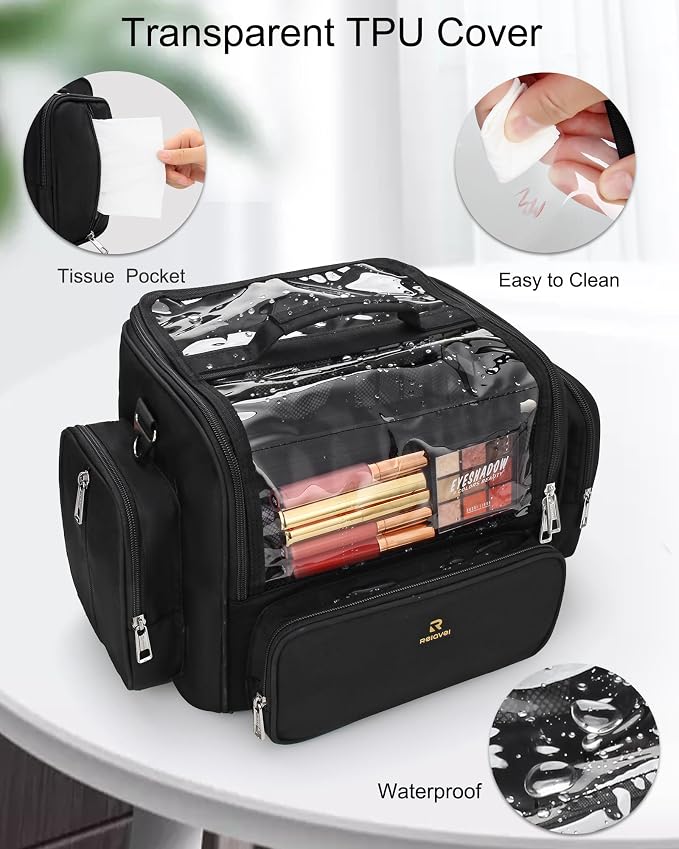 NAONAYA Makeup Brush Bag, Makeup Artist Must Haves, Professional Travel Makeup Brush Case, Extra Large Stand Up Make Up Brush Holder Makeup Organizer, Full Open With Compartments and Shoulder Strap - Image 6